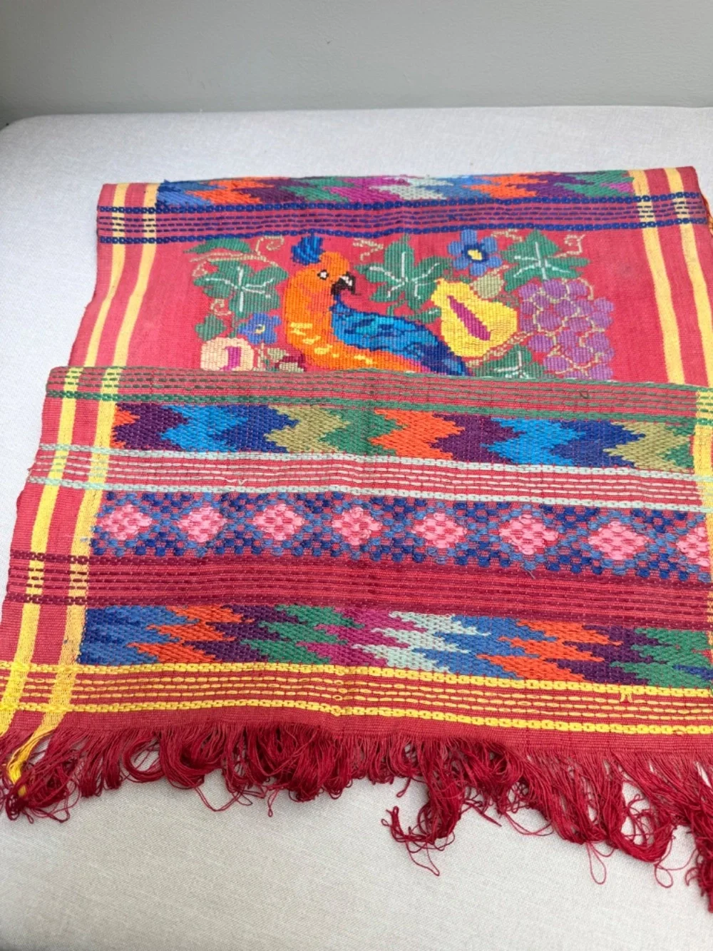 Guatemalan Hand Woven Multi Color Bird Table Runner Ruby Quetzal